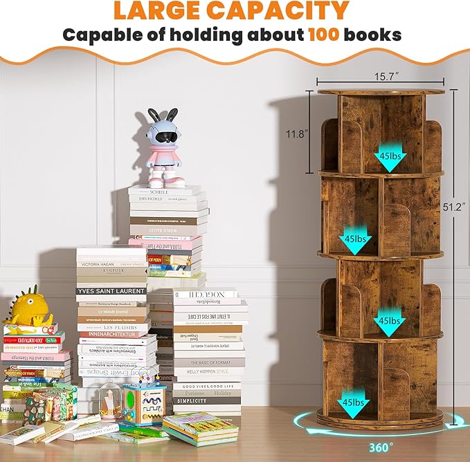 Besiost Rotating Bookshelf, Corner Bookshelf, 360 Display Wood Spinning Bookcase Storage Rack, Floor Standing Revolving Bookcase Narrow Book Shelf Organizer for Small Space, Bedroom, Rustic Brown