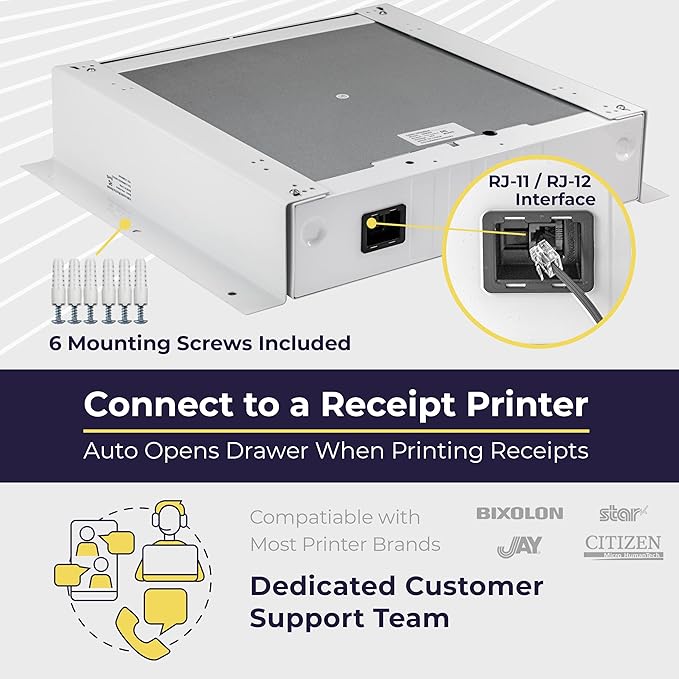 Volcora Cash Register Drawer with Under Counter Mounting Bracket - 16" White Drawer for POS, 5 Bill 6 Coin Cash Tray, Removable Coin Compartment, 12-24V RJ11/RJ12 Key-Lock, Media Slot - for Business