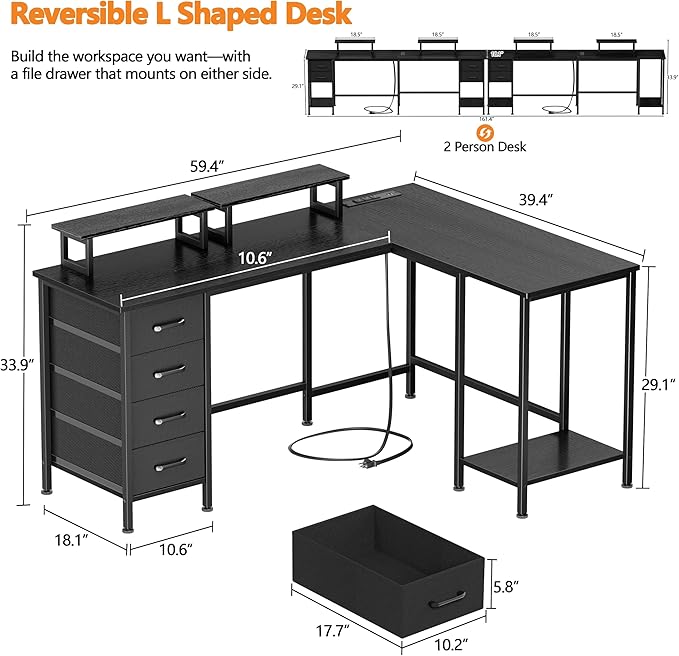 Korfile 59 inch L Shaped Computer Desk with Power Outlets, Home Office Desk with 4 Adjustable Storage Drawers & 2 Monitor Stands, Two Person Gaming Table for Bedroom, Black