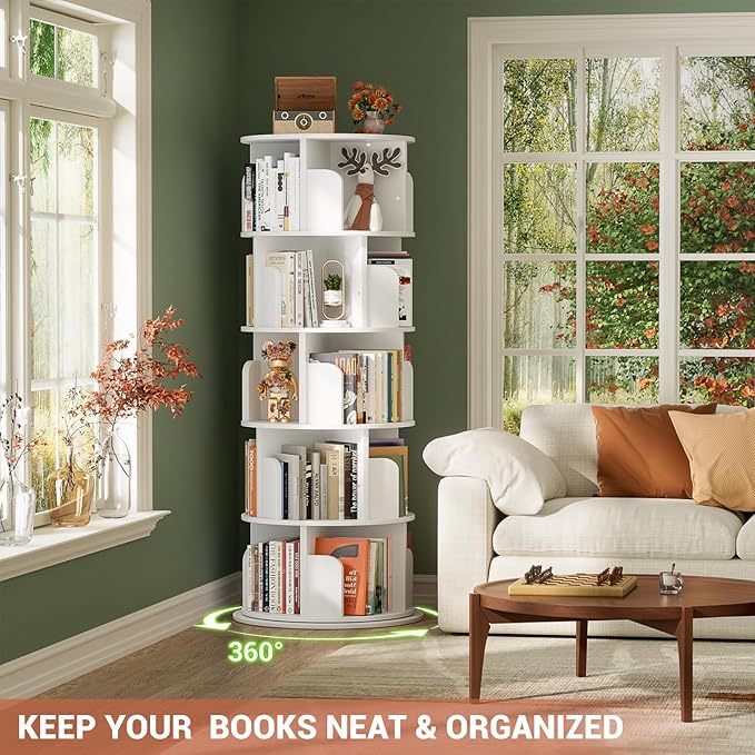 Besiost Rotating Bookshelf Tower, 5 Tier Spinning Bookcase, Revolving 360 Book Shelf Narrow Tall Bookcase, Vertical Turning Round Bookshelf Organizer, Wood Corner Book Shelf for Small Space, White