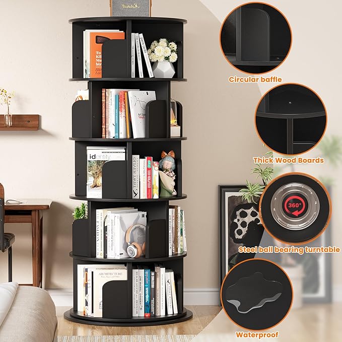 Besiost Rotating Bookshelf Tower, 5 Tier Spinning Bookcase, Revolving 360 Book Shelf Narrow Tall Bookcase, Vertical Turning Round Bookshelf Organizer, Wood Corner Book Shelf for Small Space, Black