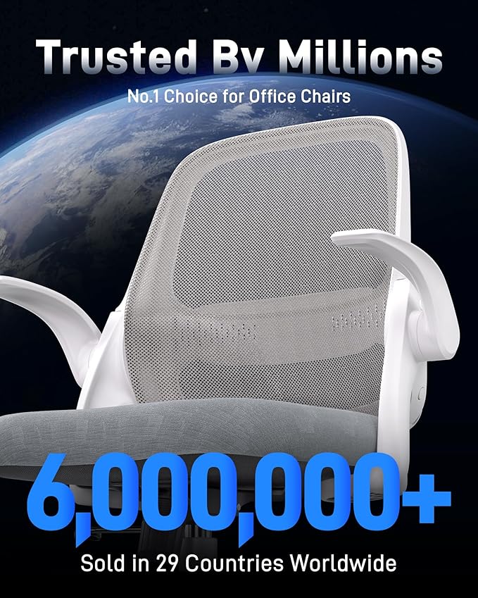 Ergonomic Mesh Office Chair for Home Office, Flip-Up Arms, Breathable Mesh Back & Thick Seat Cushion, Swivel Rolling Computer Desk Chair – BIFMA Certified, Supports 300 lbs (White Frame/Gray Seat)
