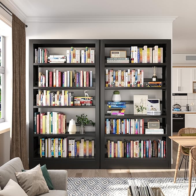 71" Metal Bookshelf,5 Tier Black Bookshelf with Adjustable Shelves,Heavy Duty Bookshelves and Bookcases,Tall Bookcase for Living Room,Library,Office,Including Book Stopper (Black, 37.4" Wide)