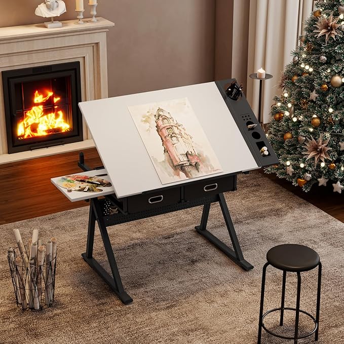 Adjustable Drafting Table Set with Stool, Drawing Desk Artist Table with Storage Drawers, Tiltable Tabletop Art Table Multifunctional Craft Workstation for Home Office