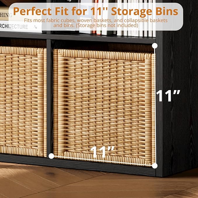 IROCNK Bookshelf, 8-Cube Storage Cube Shelf Organizer, Extra Thick Frame Horizontally & Vertically Reversible Bookcase with Open for Living Room, Bedroom, Home Office, Black