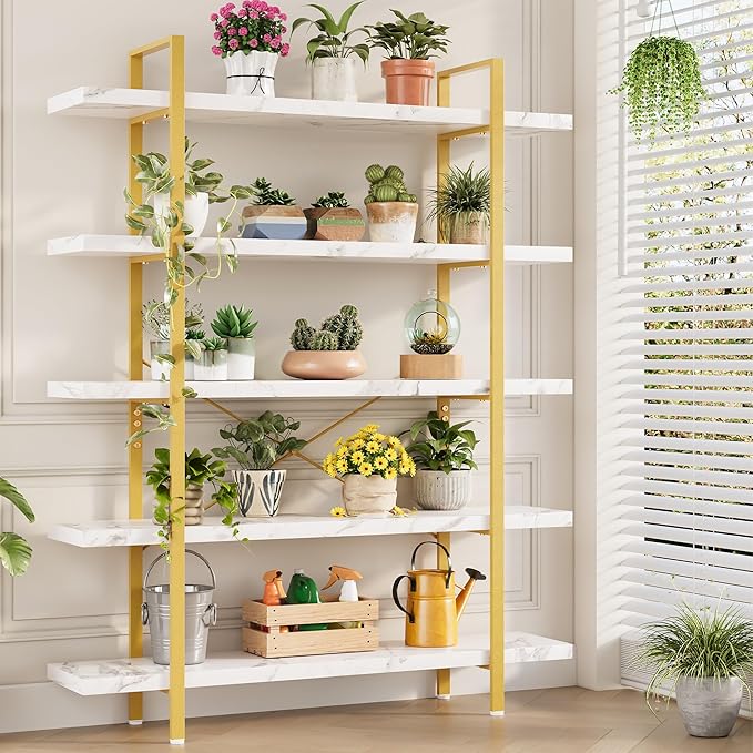 OtterOasis Heavy Duty 5-Tier Industrial Bookcase, 47" Wide Wood Bookshelf for Home Office, 120lbs Shelf Capacity, Shelving Display with Reinforced Horizontal Shelf for Living Room Bedroom,White