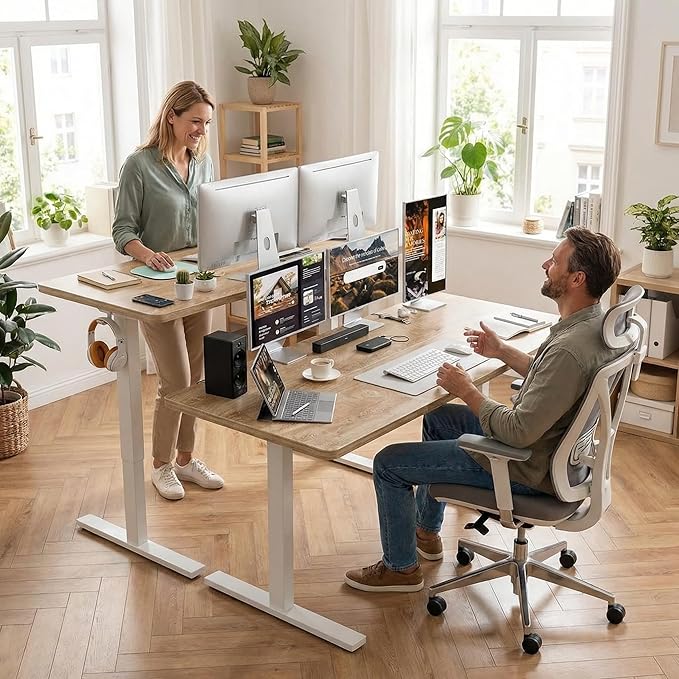Grandder 55x32 Large Electric Standing Desk, Height Adjustable Computer Desk with 2 Memory Presets, 31.5" Deep Desktop Sit Stand Desk Home Office Desk Workstation Table with Hooks, Oak