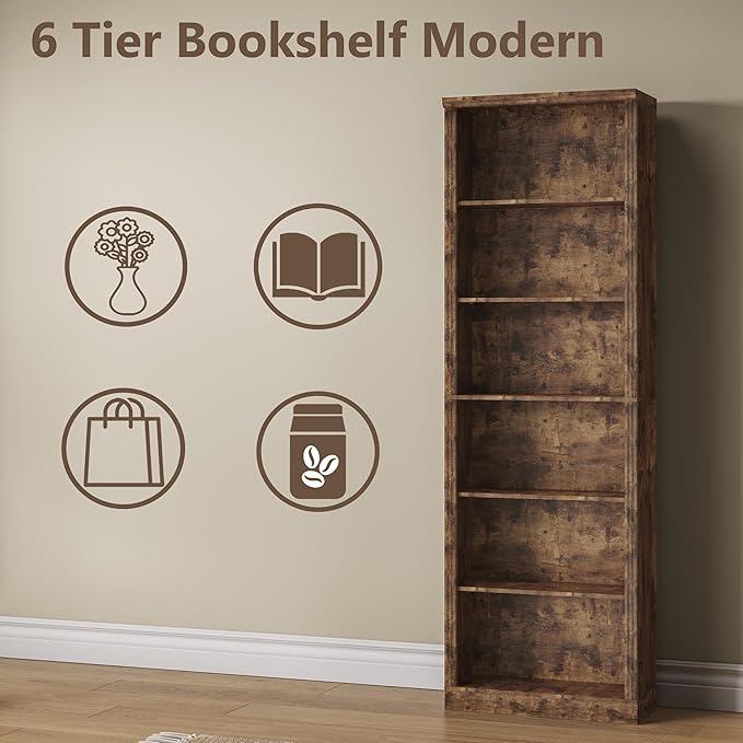 Wodeer Tall Bookshelf, 6-Tier Bookcase with 2 Adjustable Shelves, Modern Farmhouse Storage for Living Room, Entryway, Office, 23.6" W x 74.8" H x 10.6" D, Brown