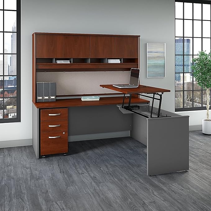 Bush Business Furniture Series C 72W x 30D 3 Position Sit to Stand L Shaped Desk with Hutch and Mobile File Cabinet in Hansen Cherry/Graphite Gray