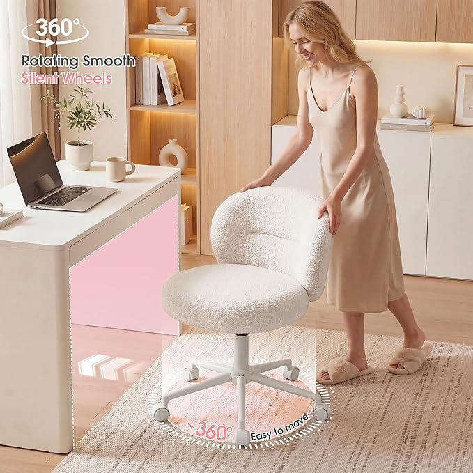 Homkdom Small Round Vanity Chair with Wheels, Armless Home Office Desk Chairs with Back, Height Adjustable & 360° Swivel, Cute Comfy Vanity Computer Chair for Bedroom, Home Office, White