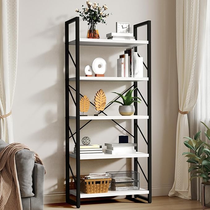 YITAHOME 5 Tiers Bookshelf, Classically Modern White Bookshelf, Book Rack, Storage Rack Shelves in Living Room/Home/Office, Books Holder Organizer for Books/Movies, White