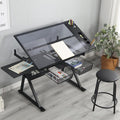 GDFStudio Height & Angle Adjustable Drafting Table with Stool, Tempered Glass Art Craft Desk with 2 Metal Storage Drawers, Diamond Painting Drawing Table Workstation for Home Office Studio, Black