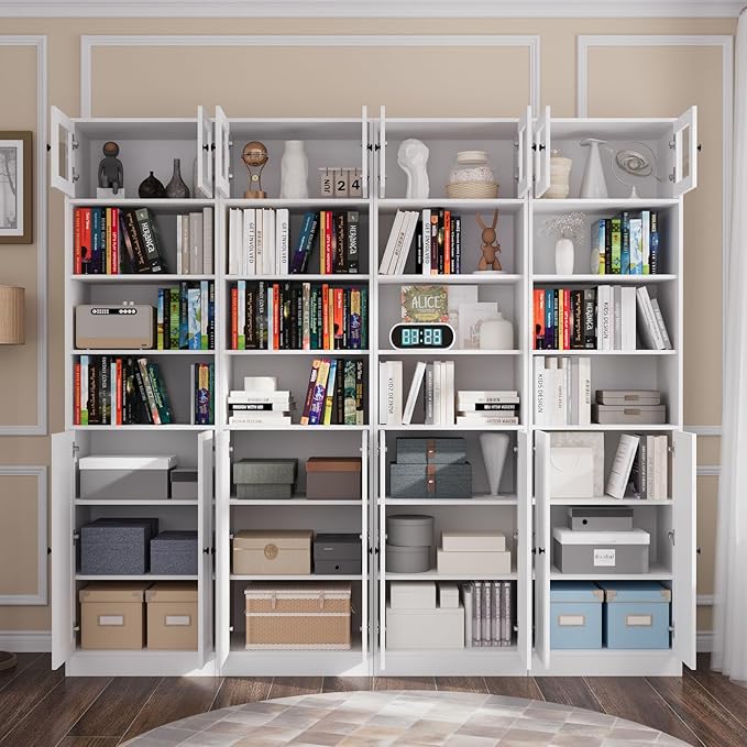 TUSY 85.5 Inch Tall Bookshelf with Doors - 7 Tier Bookcase with Glass Doors and Drawer, 23.6" Wide Storage Cabinet with Open Shelves for Living Room, White Book Shelf for Home Office, Study (AAAA)