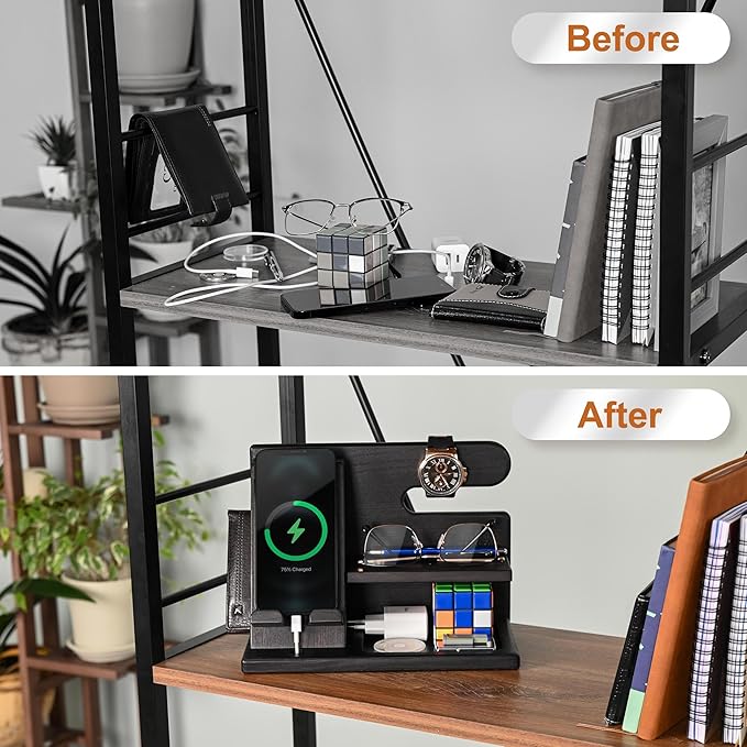 TESLYAR Wood Phone Docking Station for Men - Desktop or Nightstand Organizer - Birthday Gifts for Men, Dad - Anniversary Idea from Wife - Key Holder, Stand Wallet, Watch & Essentials (Granite Black)