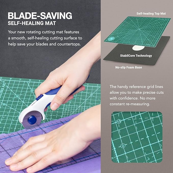 Calibre Art Rotating Self Healing Cutting Mat 14x14 (13" Grid), Perfect for Quilting & Art Projects