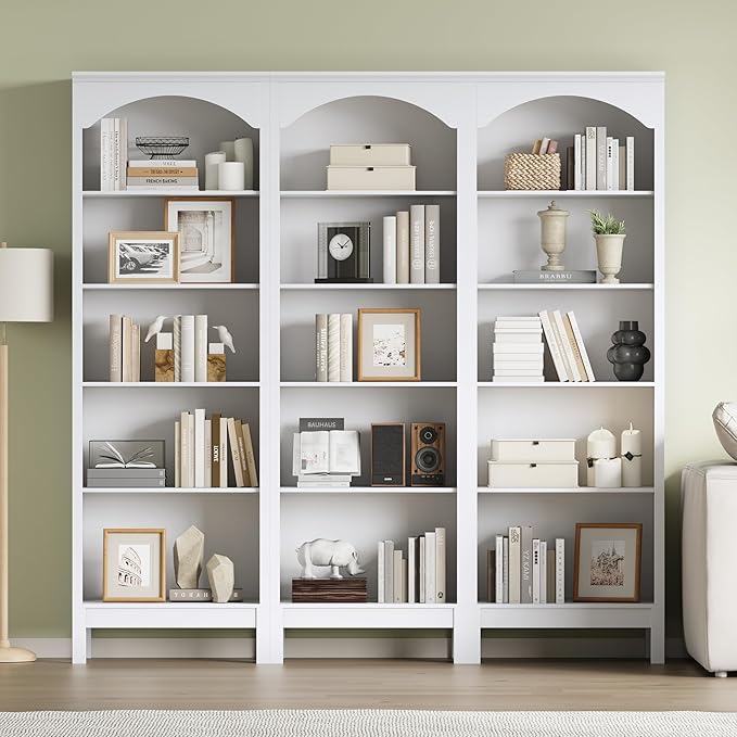 Arched Bookshelf with 5 Tier Open Shelves, 71" Tall Wood Bookcase with Adjustable Shelves, 24" Wide Floor Standing Display Storage Shelf for Home Office, Kitchen, Study and Living Room, Modern White
