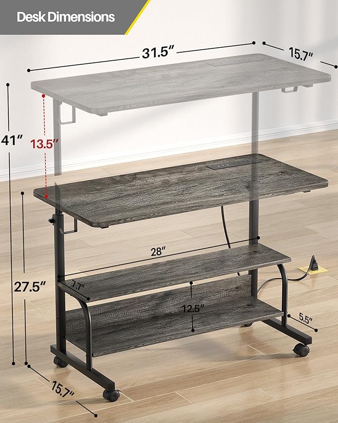 Armocity Rolling Standing Desk with Power Outlets, 32" Manual Height Adjustable Mobile Computer Desk with Wheels, Small Portable Sit Stand Laptop Couch Table for Bed & Sofa Home Office, Grey Oak