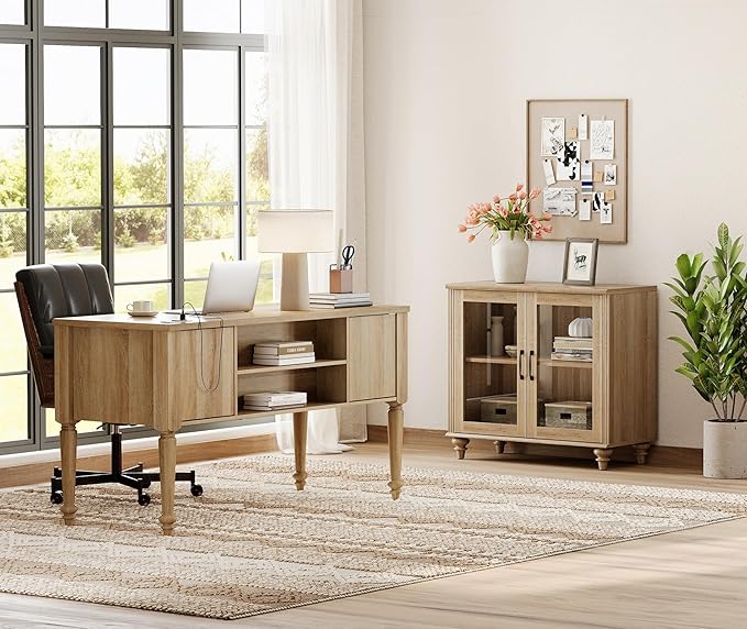 WAMPAT Home Office Furniture Set, 56'' Executive Desk with Charging Station, Farmhouse Cabinet with Glass Doors, Wood Computer Desk with File Cabinet, Open Shelf, Oak