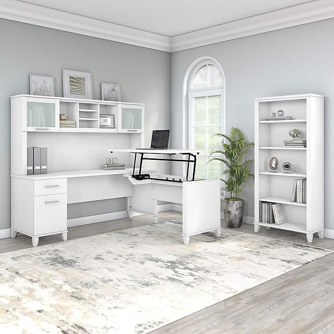 Bush Furniture Somerset 72W 3 Position Sit to Stand L Shaped Desk with Hutch and Bookcase in White