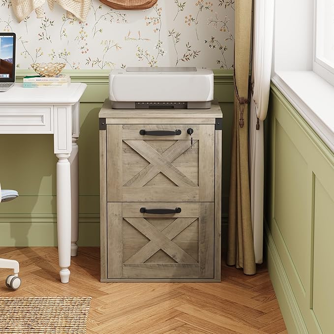 DEVAISE 2 Drawer File Cabinet with Lock, Wood Farmhouse Filing Cabinet for Home Office, Printer Stand Fits Letter and A4 Size, Gray Oak