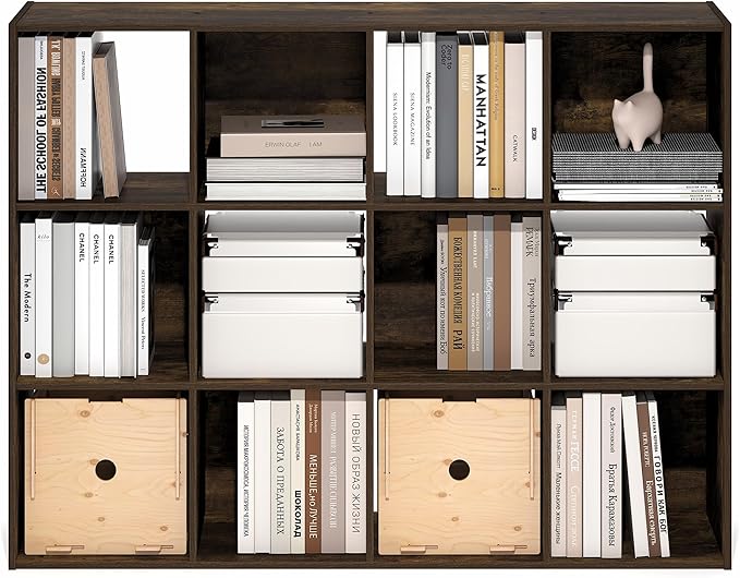 Furinno PELLI Book Shelf, 12-Cube Bookshelf, Cube Storage Organizer Bookcase, 11.7 x 47.6 x 36, for Living Room, Bedroom, Home Office, Amber Pine