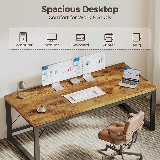 Mericonia 63 Inch Large Computer Desk, 1" Thick Heavy Duty Industrial Office Desk, Modern Simple Study Writing Table for Home Office Bedroom Workstation, Brown