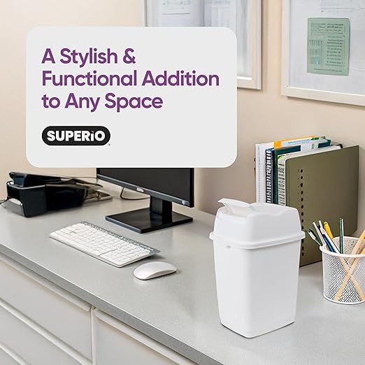 Garbage Cans with Swing Top-Split Lids, 2 Pack | Small Trash Cans with Lids | Durable Plastic | Slim & Sturdy Trash Bins | Fingerprint Resistant | 1.25 Gallon / 5 qt / 5 L – White | Superio Brand