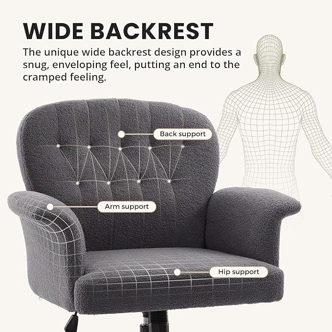 IWMH Home Office Desk Chair, Teddy Fabric Cozy Desk Chair with Wheels and Arms, Modern Upholstered High Back Wide Seat Vanity Chair for Bedroom Living Room Makeup (Dark Grey)