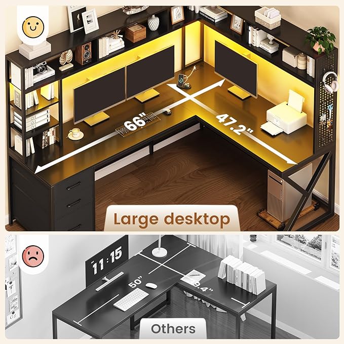 SEDETA L Shaped Gaming Desk with Storage Shelves and Hutch, Convertible 94.5" Computer Desk with Drawers, Corner Computer Desk with Power Outlet, LED Lights, Pegboard for Home Office, Black