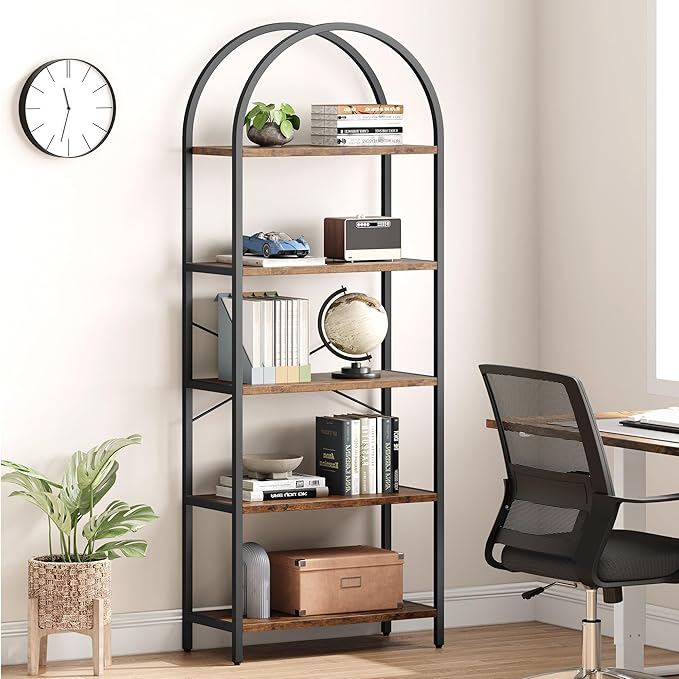 IDEALHOUSE Bookshelf 5 Tier Bookcase Arched Display Racks Tall Standing Bookshelves Metal Frame Modern Storage Rack Shelf Large Wood Book Shelf for Bedroom, Living Room, Home Office (Rustic Brown)