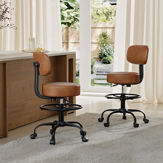 Drafting Chair with Back Support, Adjustable Foot Rest Rolling Stool, 360° Swivel Office Desk Chair with Wheels, Thick Seat Cushion for Home Bar Salon Tattoo Shop (2, Brown)