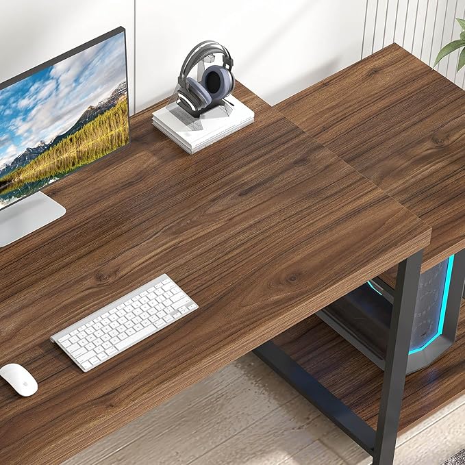 FOLUBAN Large Computer Desk, 63 Inch Home Office Desk with PC Tower Stand & Printer Space, Study Writing Gaming Table Workstation for Bedroom Living Room, Walnut