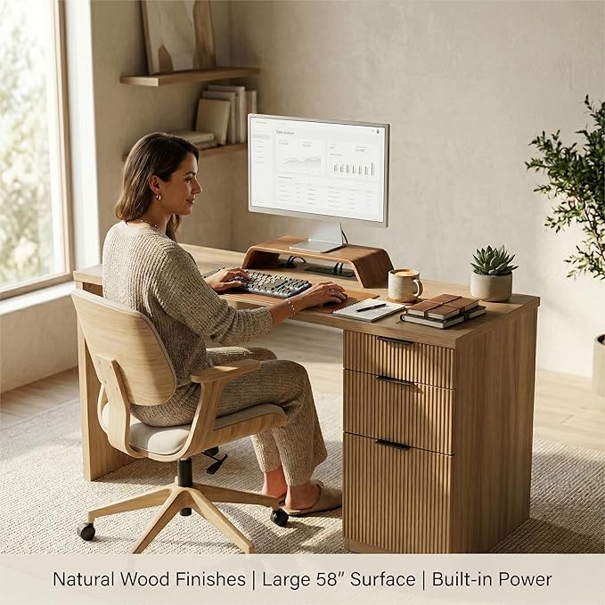 FURSUN 58" Home Office Desk with Power Outlet & File Cabinet, Modern Fluted Executive Desk with 3 Storage Drawers, Large Computer Workstation for Study & Bedroom, Oak