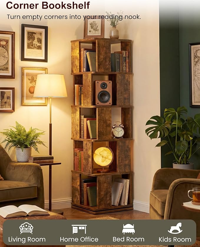 Foxemart 5-Tier Rotating Bookshelf Tower, 360° Spinning Modern Book Storage Bookcase, Stable Display Corner Book Shelf for Kids Room, Living Room, Bedroom, Home Office, Rustic Brown