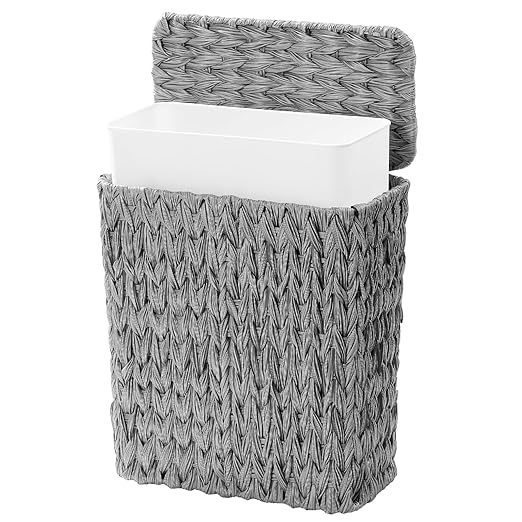 Coeusy 3 Gallon Wicker Trash Can,Grey Bathroom Trash Cans with Lid,Waterproof Slim Waste Basket for Bedroom,Home Office,Narrow Garbage Can with Removable Liner