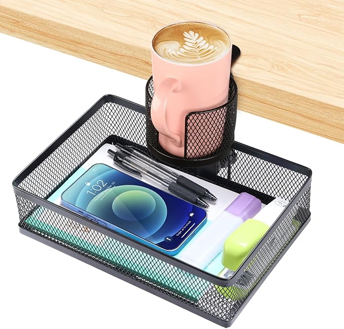 ROSYLINE 360°rotation under desk drawer, Drawer Under Desk Storage Organizer, Rotary Desk Storage Organizer with Cup Holder, Clamp Drawer Basket, sturdy and durable (black)