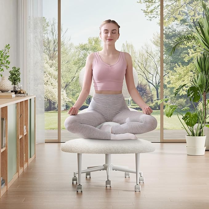Pinmoco Ergonomic Cross Legged Office Chair with Wheels, ADHD Chair for Adults, Meditation Chair, Yoga Office Chair, Comfortable Back Support, Height Adjustable,Small Spaces, Teddy Fabric, White