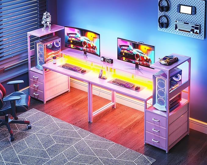 AODK 52 Inch Gaming Desk with USB Charging Ports & LED Light- Reversible Computer Desk with Storage Shelves & Monitor Stand, Modern Gamer Desk Table with Fabric Drawers, Pink