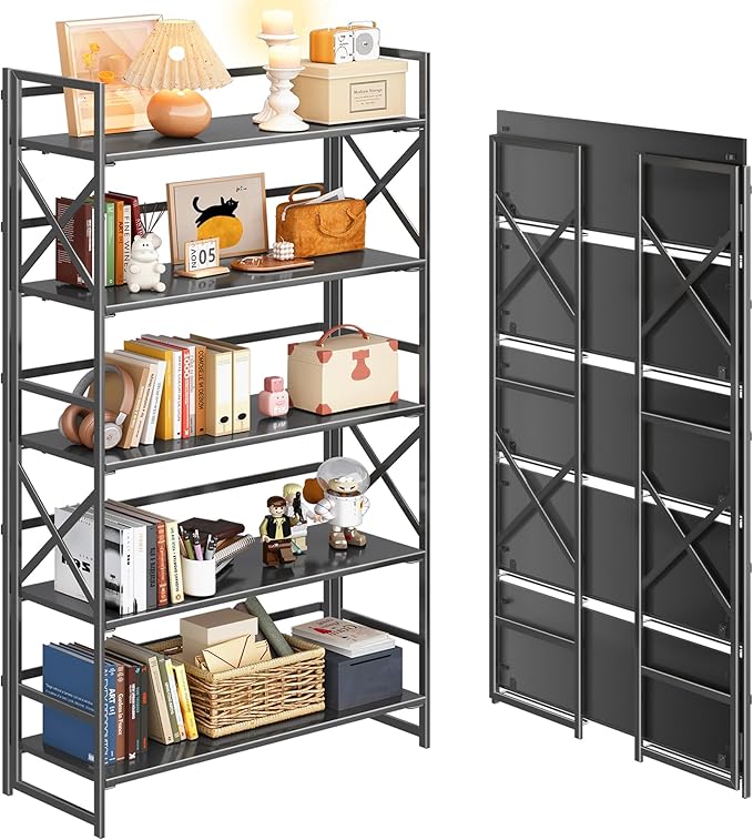 4NM Extra Wide 5 Tiers No Assembly Book Shelves, 51.2" H Folding Bookshelf Bookcase Open Industrial Foldable Shelves for Bedroom, Living Room, Home Office - All Black