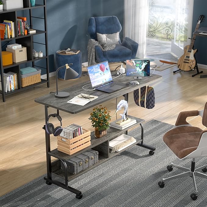 Armocity Rolling Standing Desk with Power Outlets, 47" Manual Height Adjustable Mobile Computer Desk with Wheels, Portable Sit Stand Laptop Couch Table for Bed & Sofa Home Office, Grey Oak
