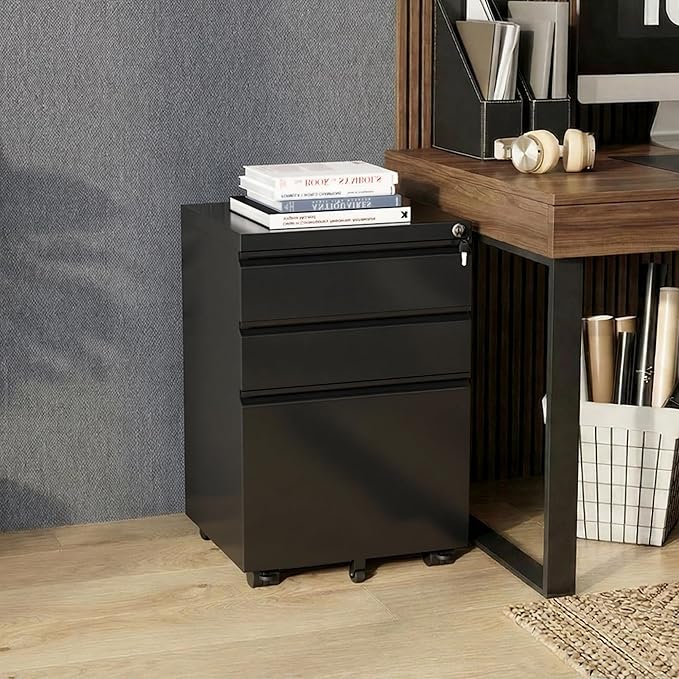 Bonusall 3 Drawer File Cabinet with Lock, Small Under Desk Filing Cabinet for Home Office, Fully Assembled Metal Rolling Storage Fits A4/Letter/Legal, Black