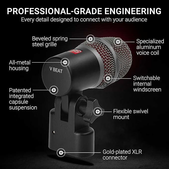 SE ELECTRONICS V BEAT Drum Mic - Compact Dynamic Supercardioid Drum Microphone for Toms & Snares with Adjustable Swivel Mount for Precise Positioning - Perfect for Studio & Live Use