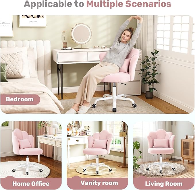 BestGlory Petal Vanity Chair with Wheels, 3.15" Extra Thick Comfy Makeup Chair, Adjustable Modern Swivel Armless Desk Chair for Girls Women, Aesthetic Small Office Chair for Bedroom Dorm