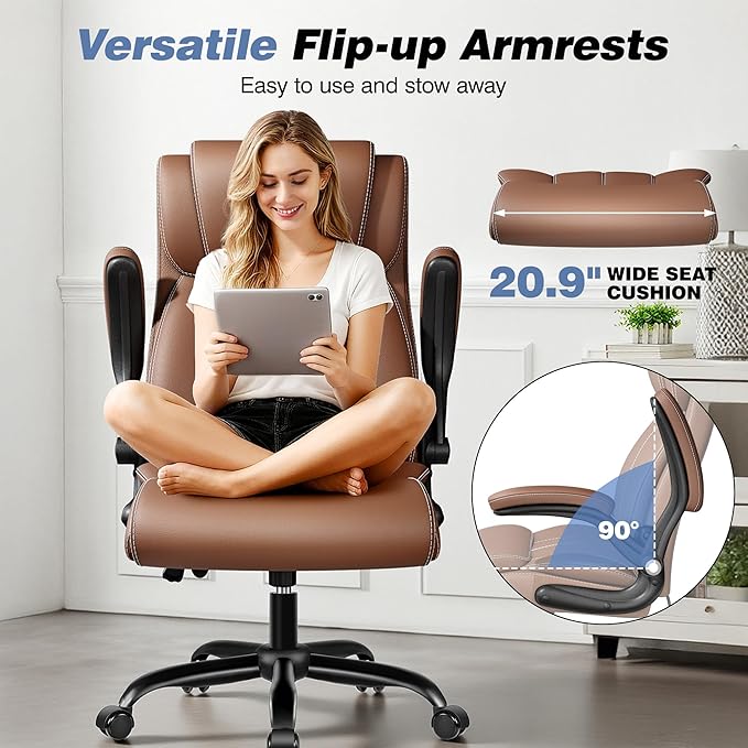 BESTFAIR Ergonomic Office Chair - Desk Computer Chair, Leather High Back Executive Chairs with Adjustable Lumbar Support & Flip Up Arms, Brown 6 Pack
