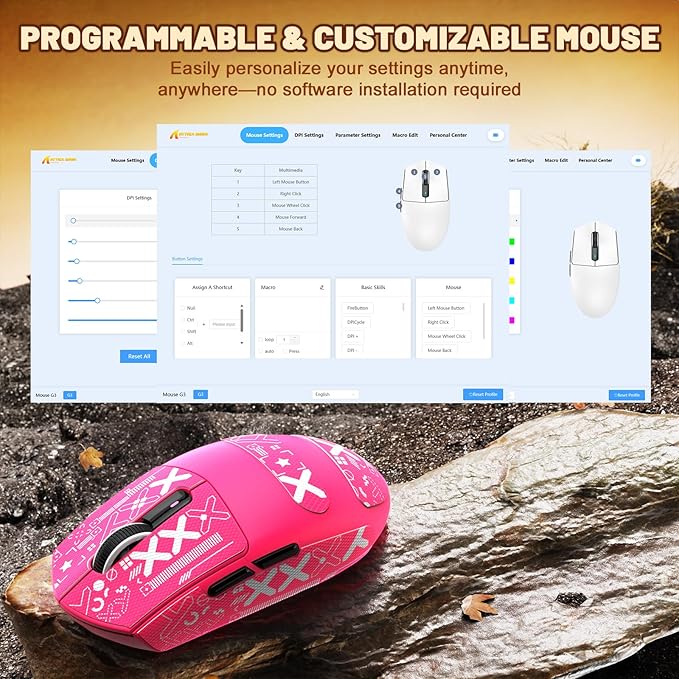 MAMBASNAKE Attack Shark G3 Wireless Gaming Mouse with Tri Mode Wired/2.4Ghz/BT,59g Ultra-Lightweight,25000 DPI,1000 Polling,PixArt PAW3311 Sensor,500mAh Battery,Programmable for PC Win Mac(Red+Tape)