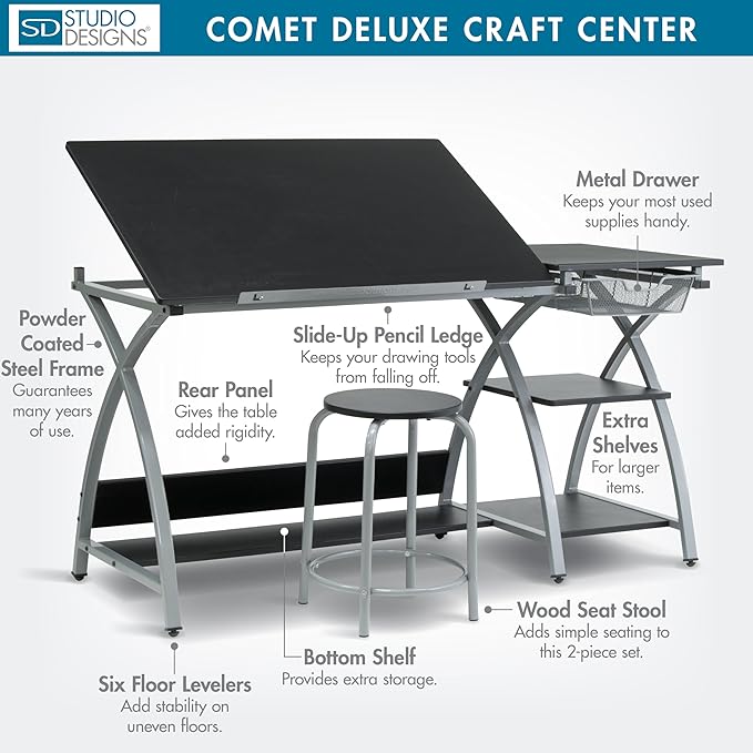 Deluxe Comet Craft Station with Stool, Adjustable Drafting & Art Desk with Storage Shelves, Pencil Ledge, Wire Mesh Drawer, 45° Tilting Top, Steel Frame, Silver/Black