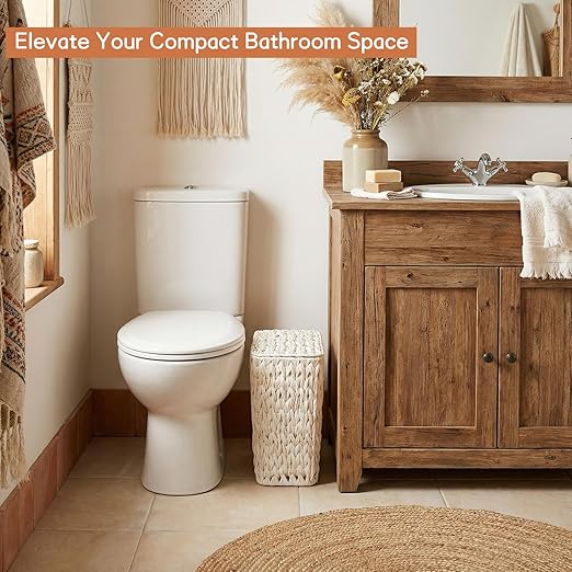 Coeusy Wicker Trash Can with Lid and Liner,Boho Decotative Small Bathroom Trash Cans,Waterproof Slim Waste Basket for Bedroom,Home Office,3 Gallon Cream White