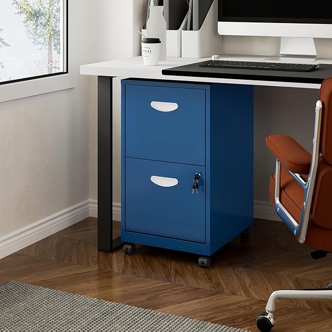 Polup 2 Drawer File Cabinet with Lock, Small Rolling Filing Cabinet for Home Office, Metal Mobile File Cabinets on Wheels, Blue Office Cabinets for Letter Size Folders - Assembly Required