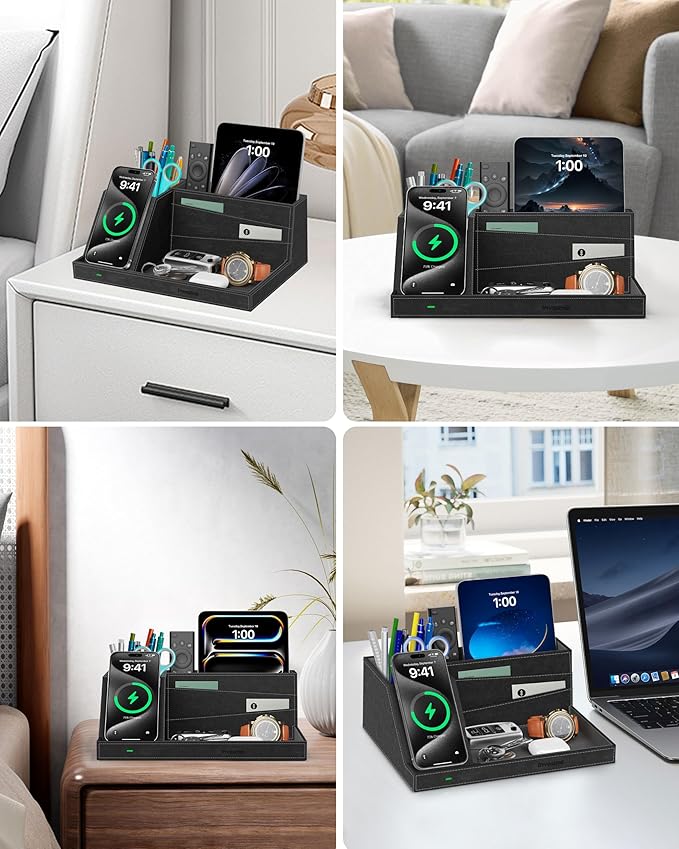 Wireless Charger with Desk Organizer, Fast Charging Station for iPhone 16/15/14/13/12/11 Pro Max, Desk Phone Charger Stand, Desktop Nightstand Organizer Pen Holder for Home Offfice Supplies