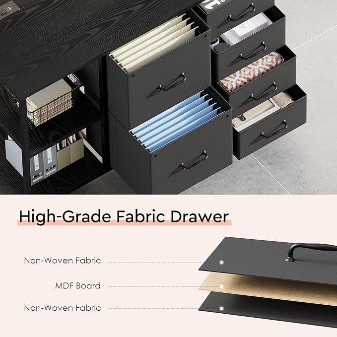 Maihail 6 Drawer File Cabinet with Charging Station Rolling Printer Stand with Open Storage Shelf Fabric Lateral Filing Cabinet for Home Office,Black